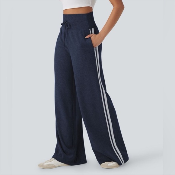 HALARA Pants - Ribbed Knit High Waisted Tummy Control Drawstring Casual Wide Leg Pants Pockets